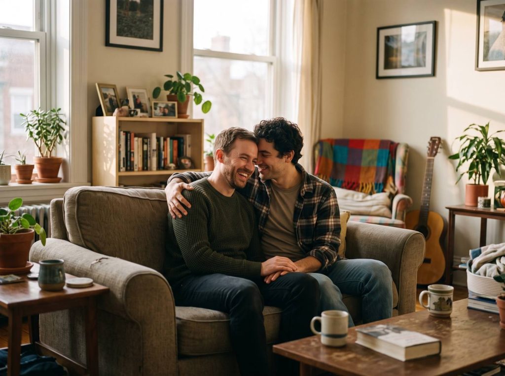 Two men smiling and relaxing together on a sofa at home
