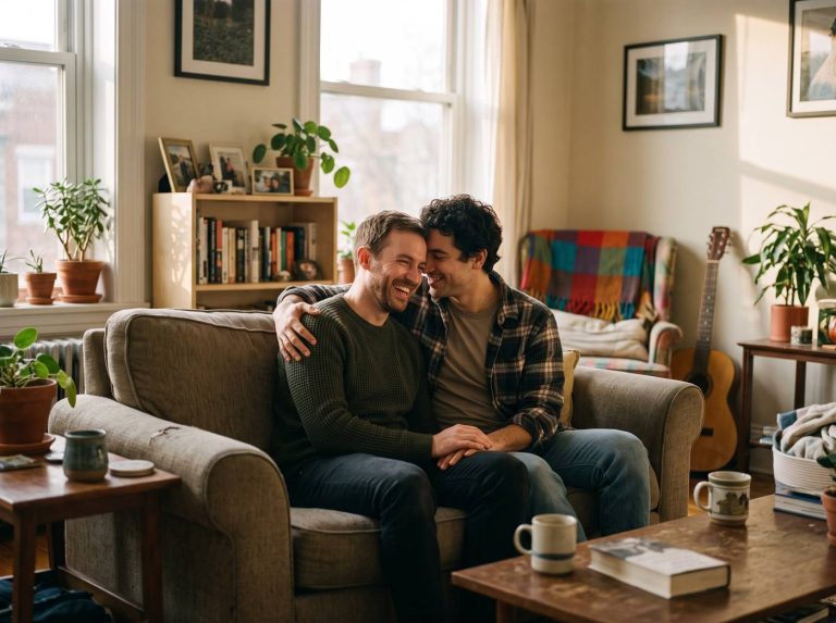Two men smiling and relaxing together on a sofa at home