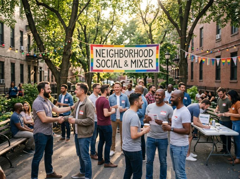 Men chatting and shaking hands at an outdoor LGBTQ+ neighborhood social
