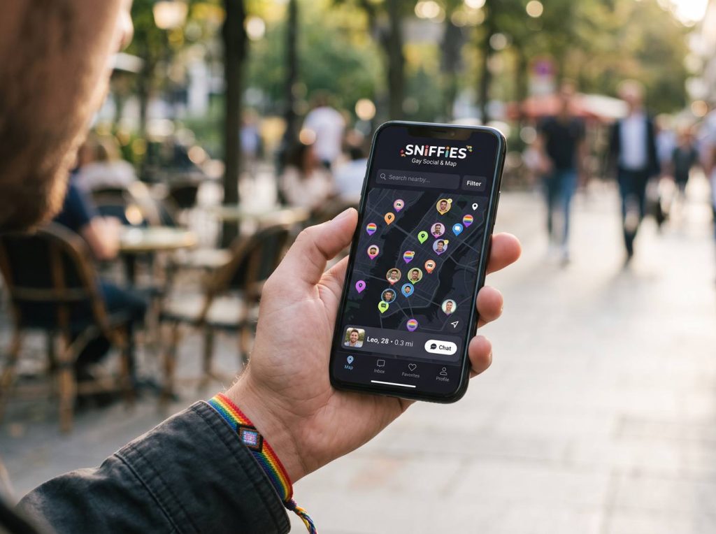 Illustrative mock-up of a map-based app on a phone, not the actual Sniffies interface