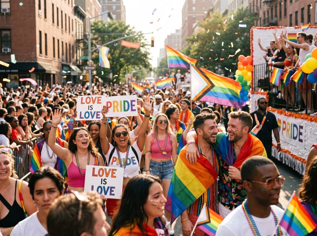 Pride march crowd holding Love Is Love and Pride signs