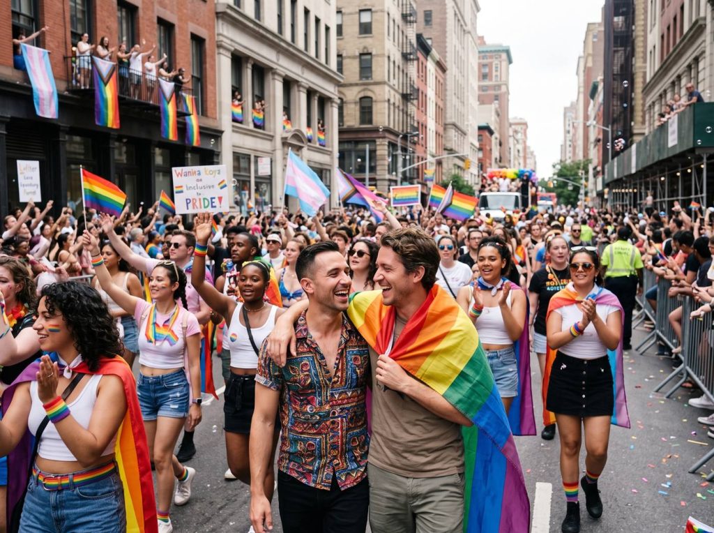 Crowd celebrating Pride on a city street with rainbow and trans flags