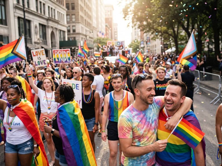 Two friends laughing together at a Pride parade surrounded by rainbow flags
